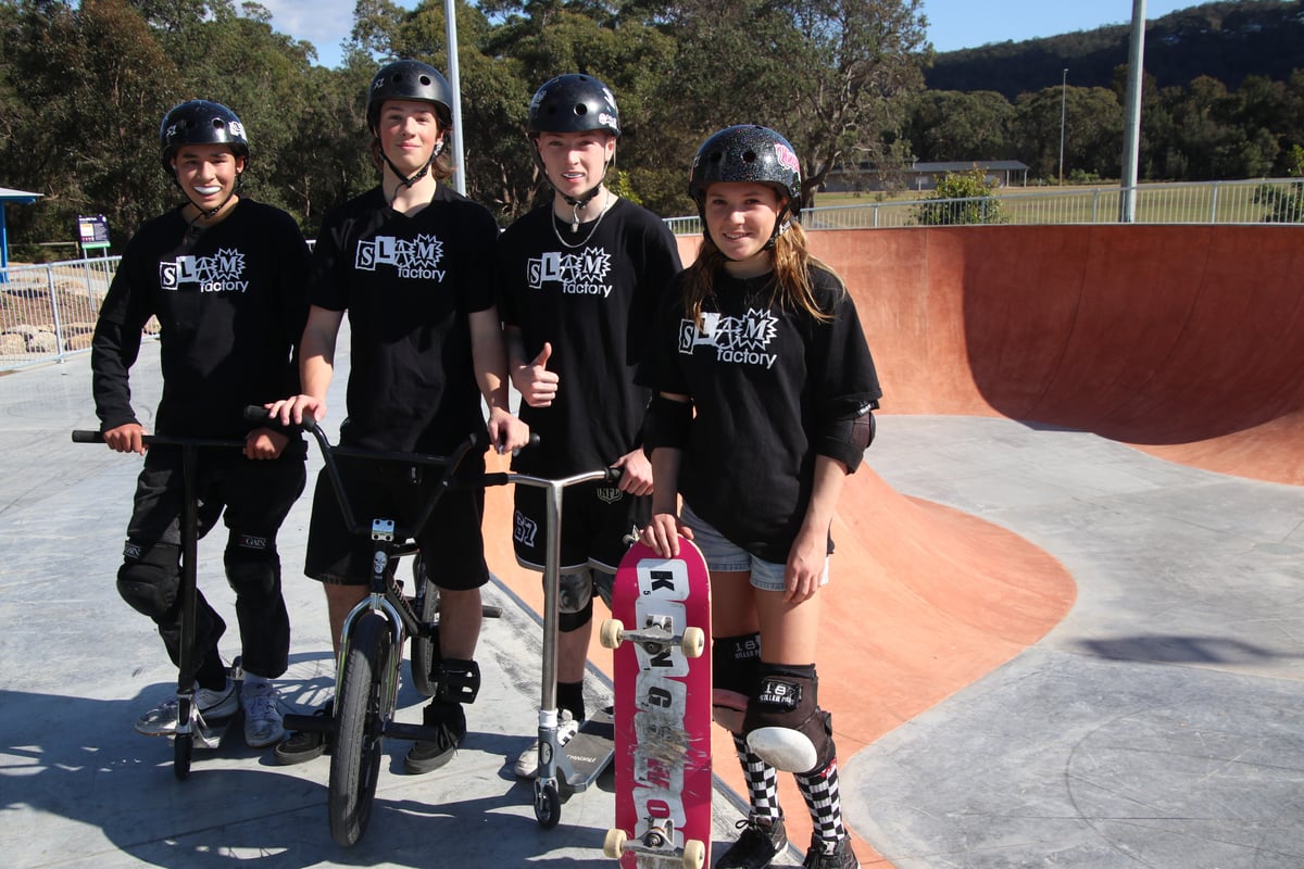 teens at Umina skate park four boys and one girl on scoters bike and skateboards